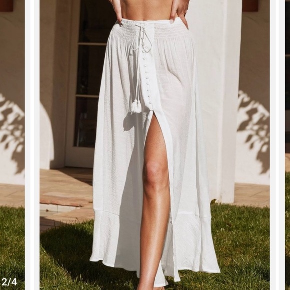 Cupshe Solana high waisted smocked boho peasant maxi skirt white slit front - Picture 2 of 3